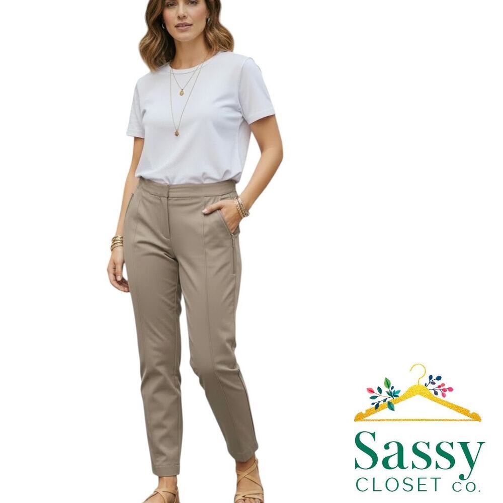 LOFT Taupe Brown Straight Leg Pants Zip Front Pockets Stretch Size 10